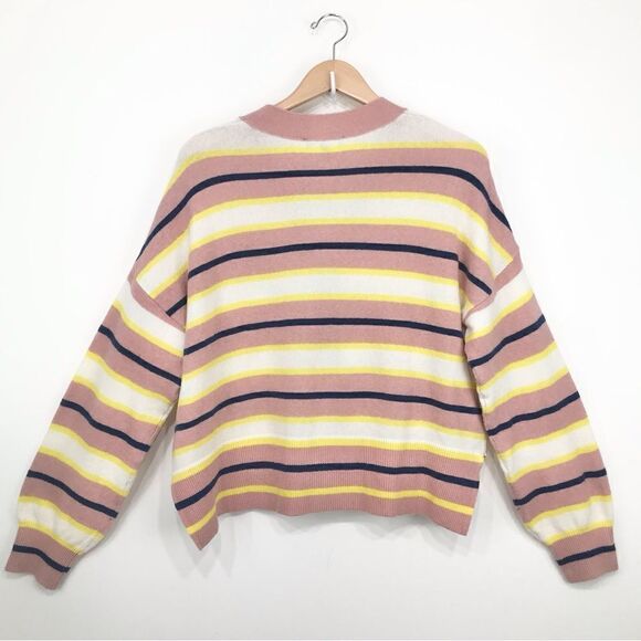 Ann Taylor Pink Navy Yellow Striped Knit Boyfriend Cardigan Sweater - Picture 9 of 16